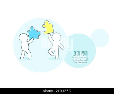 Teamwork, partnership and development concept. Horizontal banner with white simple puppets with puzzle. Two persons with jigsaw part. Little mans with Stock Vector