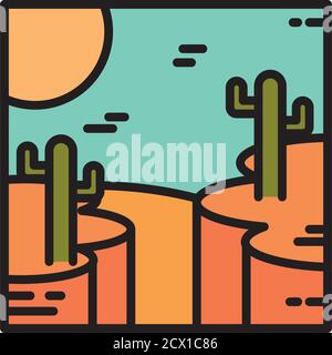 landscape desert with rocky canyon cactus sun cartoon line and fill style vector illustration Stock Vector
