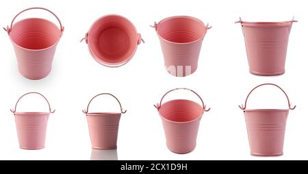 Pink bucket isolated on white background. Decorative small bucket, empty. Stock Photo