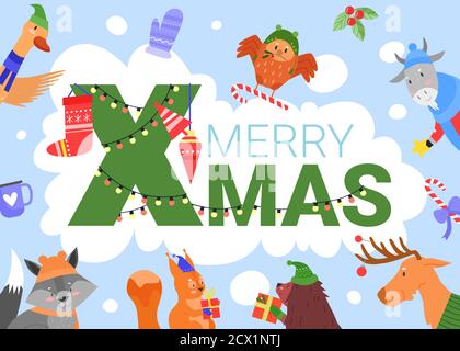 Merry Xmas vector illustration. Cartoon flat winter holidays greeting card with cute wild animal characters celebrating Happy Christmas, holding festive star decoration and gifts boxes background Stock Vector