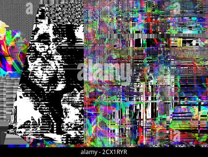Virtual reality interferences. 3d image. Retro vintage technology background. Trendy futuristic digital graffiti wallpaper, glowing rgb cmyk colors. . Stock Photo