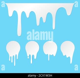 Melt drip stickers or circle milk labels. Vector liquid drops icons for graffiti blob stickers. White liquid or melted chocolate drips, milk, current paint Stock Vector