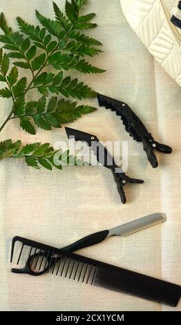 Hairdresser Tools, Clip, comb, scissors and a cutter Stock Photo