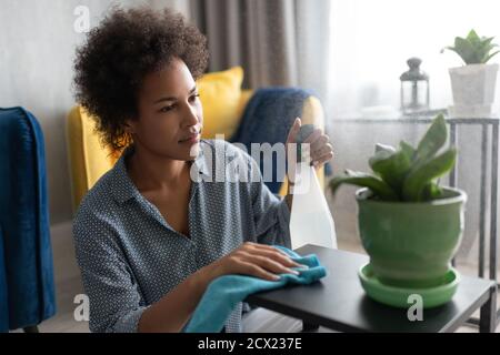 Ethnic woman spraying water on green plant and cleaning table with napkin at home Stock Photo