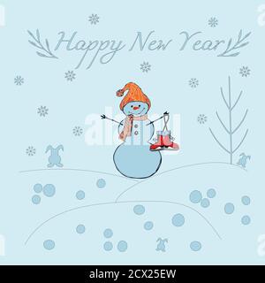 Isolated Snowman on Blue background, Snowman have Red Hat and red scarf, for Christmas concept. Vector Illustration. Stock Vector