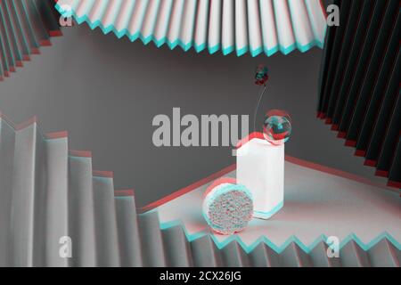 Pyramid of geometric shapes on the podium, illuminated by neon, background of fan and paper with a turned-around angle. Concept. Glitch effect Stock Photo