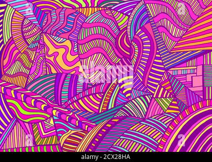 Summer vivid abstract ornamental doodle style geometric shapes psychedelic hippie art colorful background Stock Vector