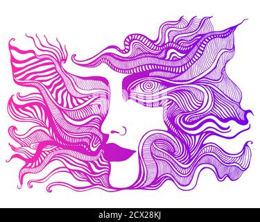 Bright colorful surreal psychedelic face with spiral eye, of crazy patterns, gradient pink purple outline color, isolated on white background Stock Vector
