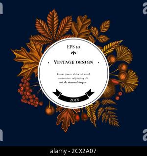 Badge over design with fern, dog rose, rowan, ginkgo, maple, oak, horse chestnut, chestnut, hawthorn Stock Vector