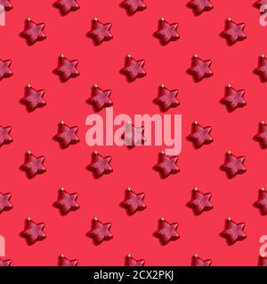 Minimal pattern background of red star on red background . New Year concept. flat lay top view square Stock Photo