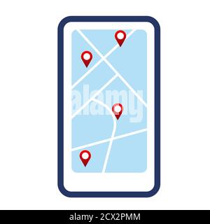 Isolate illustration of mobile phone screen with map and geo location.  Stock Vector