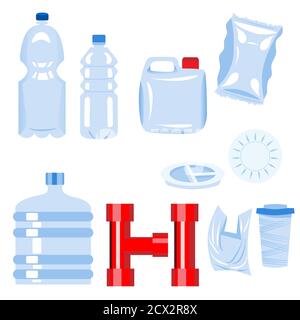 Set of plastic items. Bottle, plate, glass, tube, 5-gallon bucket, bag, packaging, tunnel, jerrican. Plastic materials Stock Vector