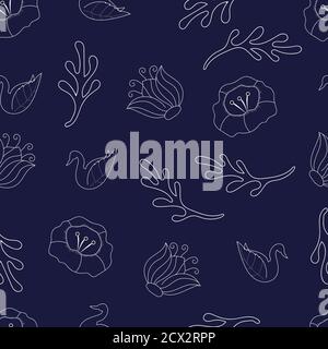floral outline and a goose seamless pattern Stock Vector