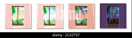 Windows with different times of day, summer, landscape. Morning, day, evening, night outside the window with curtains, view from the room. Modern flat Stock Vector