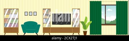Vector living room interior with furniture. Comfortable chair, bookcase, TV, houseplant, window. Flat style vector illustration. Stock Vector