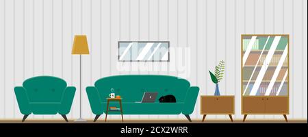 Vector living room interior with furniture. Comfortable chair, laptop on the couch, working from home, bookcase, houseplant, lamp, coffee table, cat. Stock Vector