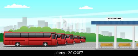 Vector bus station, intercity buses on the background of the cityscape in the distance. Modern flat vector illustration for banner, poster, flyer or l Stock Vector