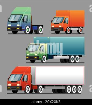 Delivery of goods and goods by different trucks, cargo. Vector set. Cartoon trucks of different colors and sizes, side view. Template for advertising Stock Vector