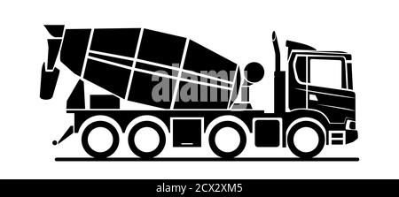 Vector black concrete mixer icon on white background, side view. Cement mixer truck. Stylish icon for logo. Modern flat vector illustration. Stock Vector