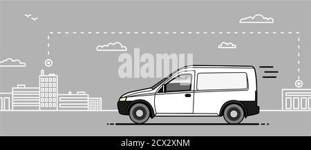 Vector small cargo van, very fast delivery of goods from the store to the house. Logo, emblem, delivery, cargo. Template for advertising, company logo Stock Vector
