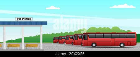 Vector bus station, intercity buses. Modern flat vector illustration for banner, poster, flyer or landing page Stock Vector