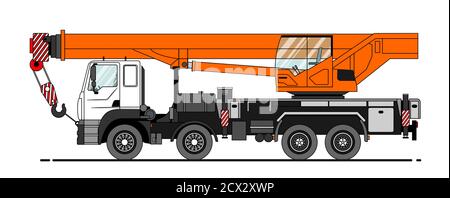 Vector illustration of a truck crane, side view. Template for corporate identity, branding and advertising, mockup. Car with crane, crane jib; constru Stock Vector