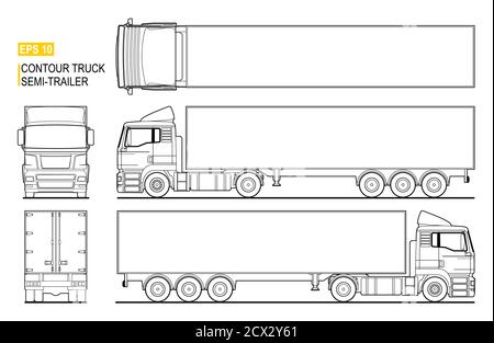 Contour semi trailer truck vector for coloring book. Isolated lorry, blank space. Line drawing of a cargo vehicle; semi-trailer on white background. V Stock Vector