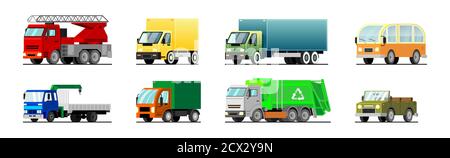 Set of vector cartoon vehicles. There are lorry, fire truck, garbage truck, heavy truck, crane truck, SUV, bus. Flat style vector illustration; EPS 10 Stock Vector