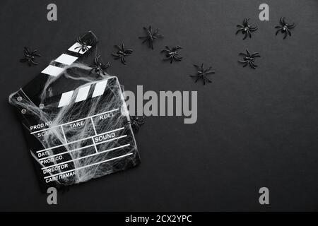 Halloween scary movie concept. Flat lay composition with clapper board, spider web, spiders on black background Stock Photo