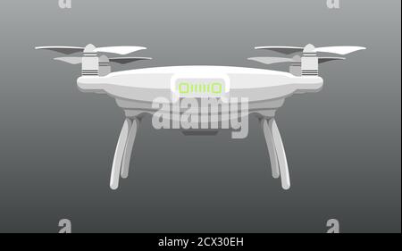 Vector white quadrocopter, drone on a gray background. Copter, UAV, Unmanned aerial vehicle for shooting terrain, delivery of goods, goods, parcels. C Stock Vector