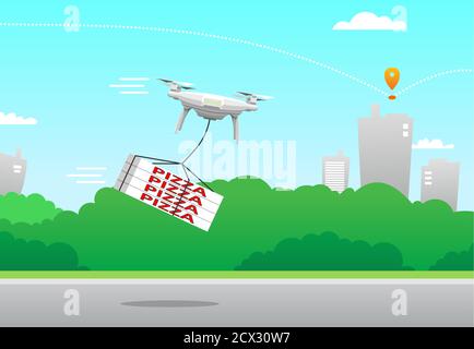 Contactless food delivery vector concept; pizza. Quadrocopter, drone delivers pizza, order, boxes. Against the background of the city landscape. Moder