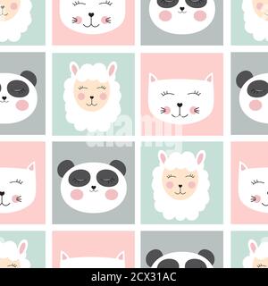 Cute seamless pattern with animals panda, cat and sheep for kids, child background. Vector illustration EPS10 Stock Vector