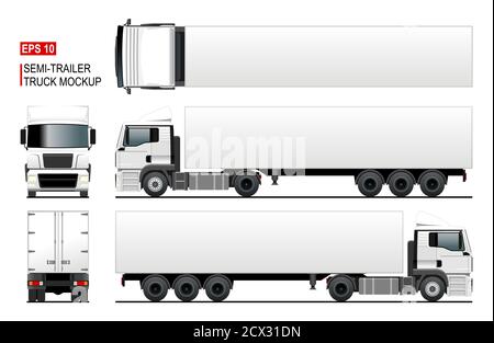 Semi trailer truck vector mockup or template for car branding and advertising. Isolated lorry, blank space. Cargo vehicle set on white background. Vie Stock Vector