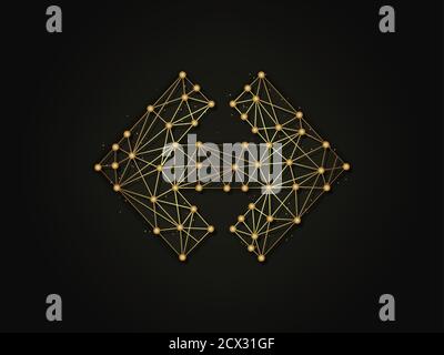 Golden abstract illustration of left and right arrow symbol on dark background. Geometric shape made from lines and dots. Stock Vector