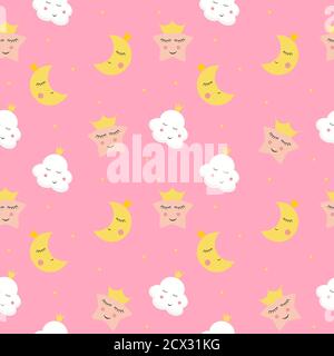 Cute Kids Seamless Pattern Background with Cloud, Star and Moon in Princess Crown Vector Illustration EPS10 Stock Vector
