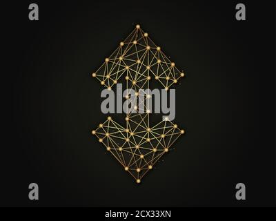 Golden abstract illustration of up and down arrow symbol on dark background. Arrow shape made from lines and dots. Stock Vector