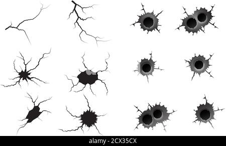 Bullet hole and ground cracks set. Metal single and double bullet hole, damage effect. Earthquake and ground cracks, craquelure and damaged. Vector illustrations earthquake, crash, destruction Stock Vector