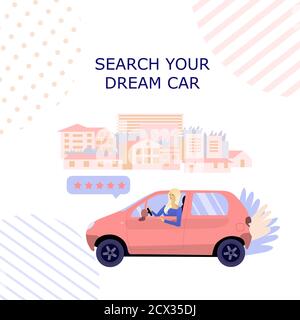Illustration for car seller service advertising. Girl sitting in the car. City scape. Modern landing page for mobile app. Business website concept Stock Vector