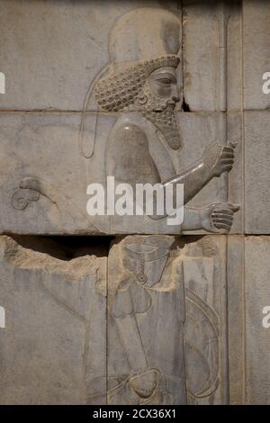 Bas reliefs at Apadana palace in the ancient Persepolis, Iran Stock ...