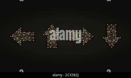 Set of arrows golden abstract illustration on dark background. Arrow symbols made from lines and dots. Stock Vector