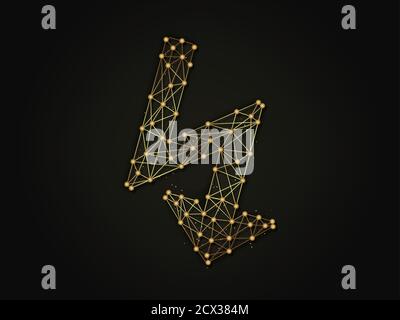 Golden abstract illustration of a downwards zigzag arrow on a dark background. Arrow made from lines and dots. Stock Vector