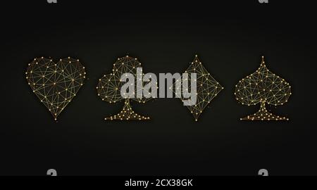 Golden abstract illustration of playing card suits on a dark background. Hearts, spades, clubs, diamonds symbols made from lines and dots. Stock Vector