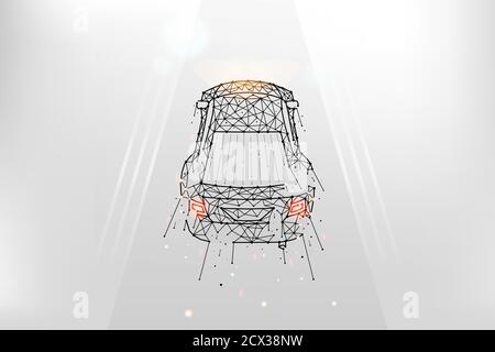 Car driving on the road polygonal vector illustration. A car made of lines and dots on a light background. Stock Vector