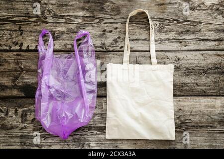 Zero waste. Bag canvas fabric for mockup blank template on wooden background. Ecology and Environmental Save World Concept,No plastic bags.Handmade Stock Photo
