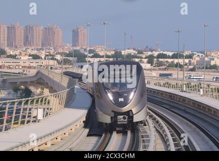 Doha Metro is one of the fastest driverless trains in the world running over a speed of above 100km/hr, Stock Photo