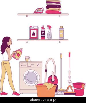 Vector illustration of interior equipment of laundry room with washing machine Stock Vector