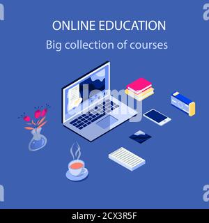 Isomertic illustration of workplace with laptop, phone, book, notebook, camera, flower vase, cup of coffee. Web Design mobile Page Template Stock Vector