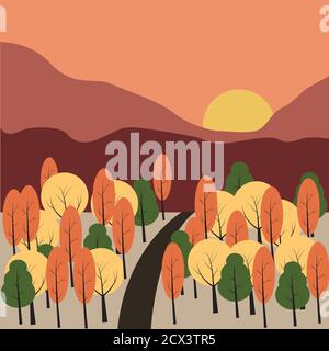 A long road across a Forest in Autumn during Sunset Stock Vector