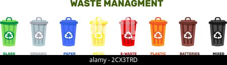 Vector illustration of containers for garbage of different types. Waste managment conept. Zero waste, sorting and recycle. Organic, paper, plastic Stock Vector