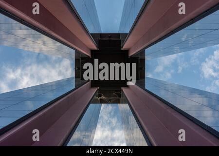 Carillon in Berlin's Tiergarten, taken directly from below between the towers Stock Photo